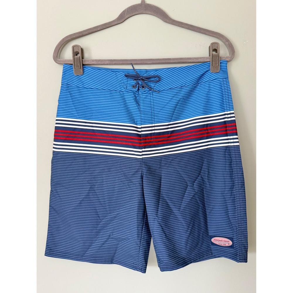 Vineyard Vines Unlined Boardshorts Bathing Suit Blue Red Stripes Boys Size XL/18